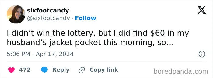 Tweet about finding money in husband’s jacket pocket in married life