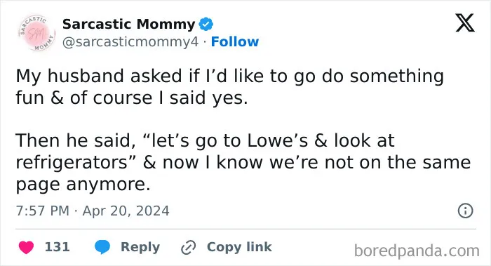 Funny tweet about realities of married life and differing ideas of fun shopping for refrigerators