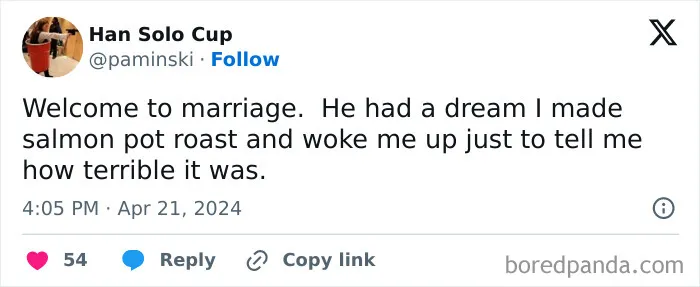 Tweet humorously describing marriage and a terrible salmon pot roast dream