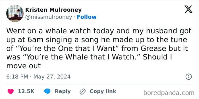Funny tweet about husband singing whale watch song after married life reality