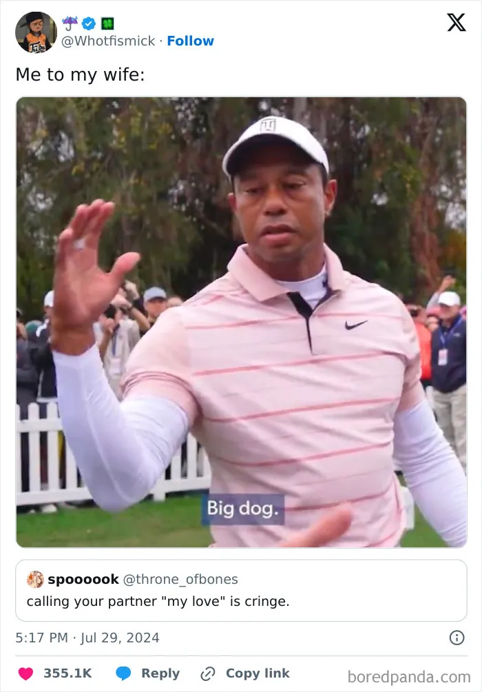 Golf player waving with caption big dog in funny married life tweet