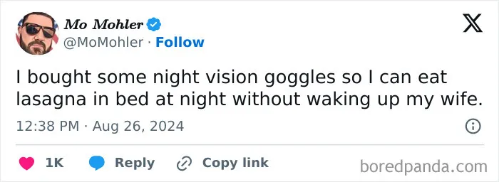 Tweet about using night vision goggles to eat lasagna in bed without waking wife
