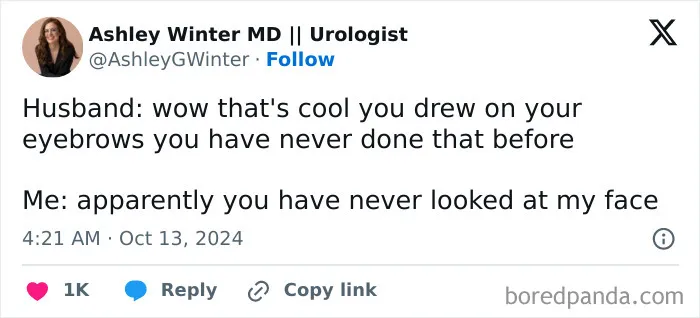 Witty tweet on a husband noticing drawn eyebrows in married life