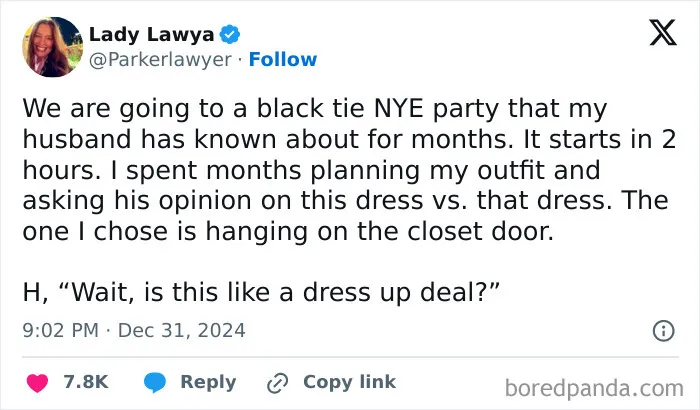 Tweet about married life on planning outfit for husband's party and dress misunderstanding
