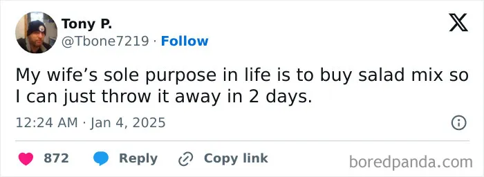 Funny married life tweet about buying salad mix to throw away in two days