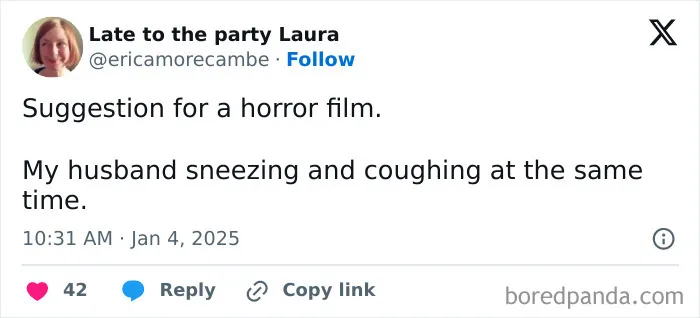 Humorous married life tweet about husband sneezing and coughing simultaneously