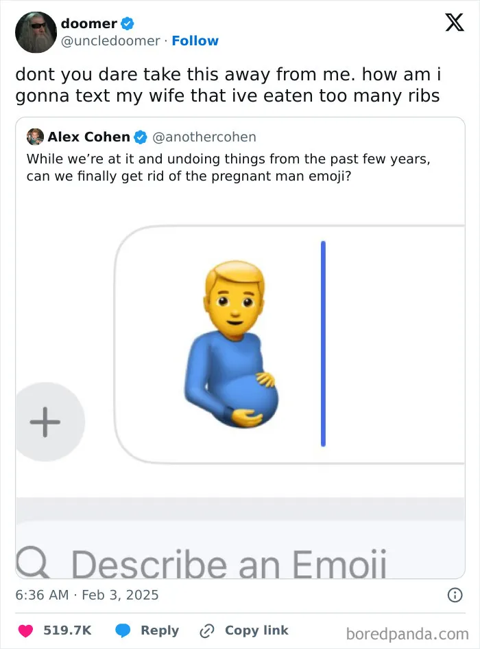Joke tweet about pregnant man emoji and ribs eaten in marriage