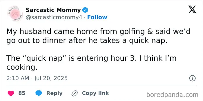 Funny tweet about husband taking a long nap before dinner in married life