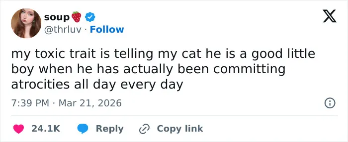 A funny tweet about a cat's manipulative behavior and the owner's complicity. Confirms cats are adorable, weird, manipulative.