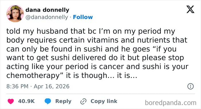 Humorous married life tweet about craving sushi during period