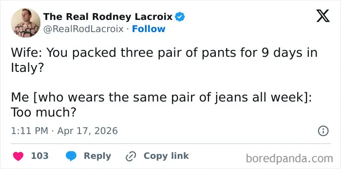 Humorous tweet about packing and married life with minimal jeans for Italy trip