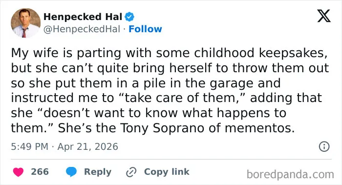 Tweet about wife keeping childhood keepsakes and husband taking care of them