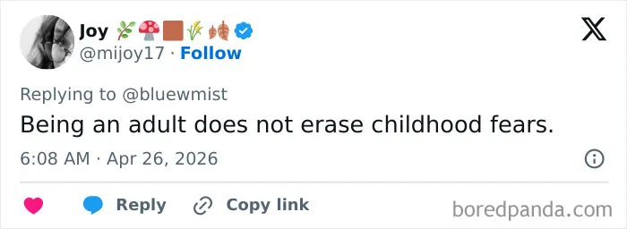Tweet about how being an adult does not erase childhood fears in adult problems