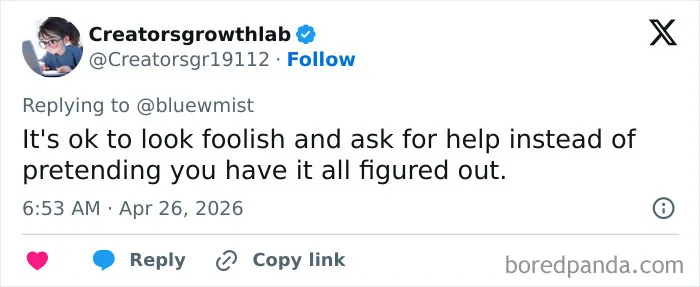Tweet encouraging asking for help instead of pretending in adult problems