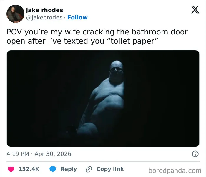 Funny married life moment with wife cracking bathroom door after toilet paper text