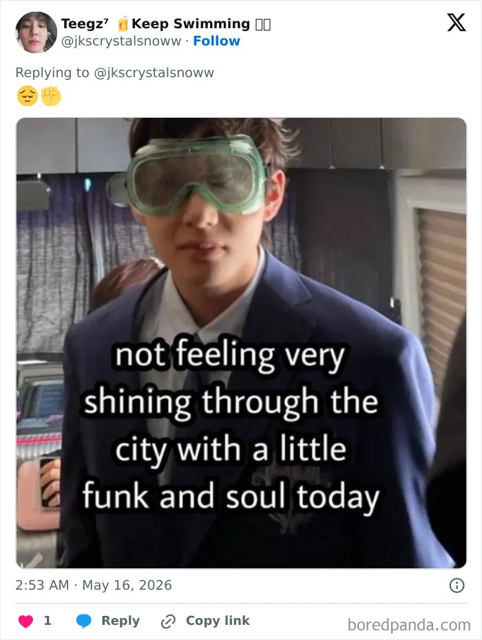 K-pop star in suit wearing large goggles with funny text about funk and soul