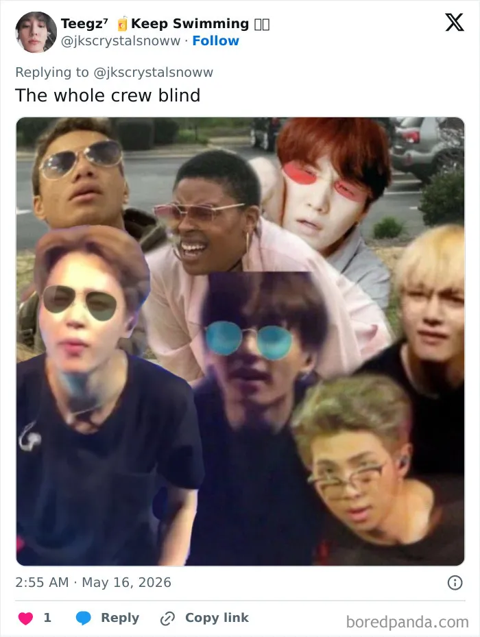 K-pop idols wearing colorful sunglasses in a humorous meme about blindness