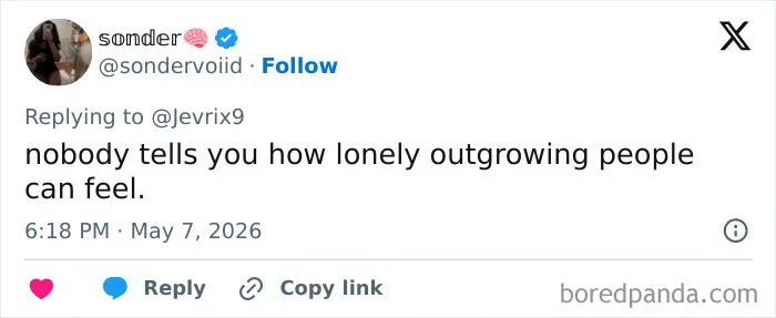 Tweet on loneliness from outgrowing people in adult problems