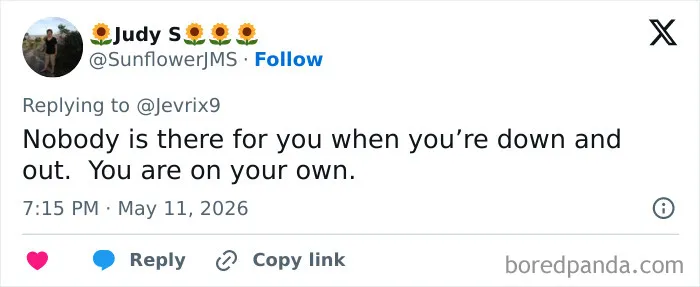 Tweet about being on your own when down in adult problems