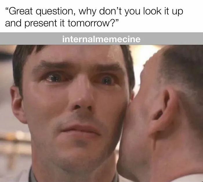 A man with wide, surprised eyes reflecting a mirror image of himself. A medical meme about doctors and nurses.