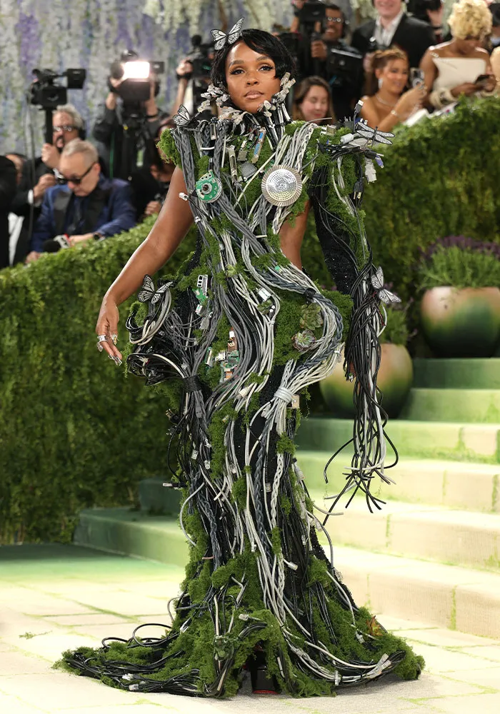 A star at Met Gala 2026 wears a worst dressed, unique gown made of green moss, wires, and circuit boards.