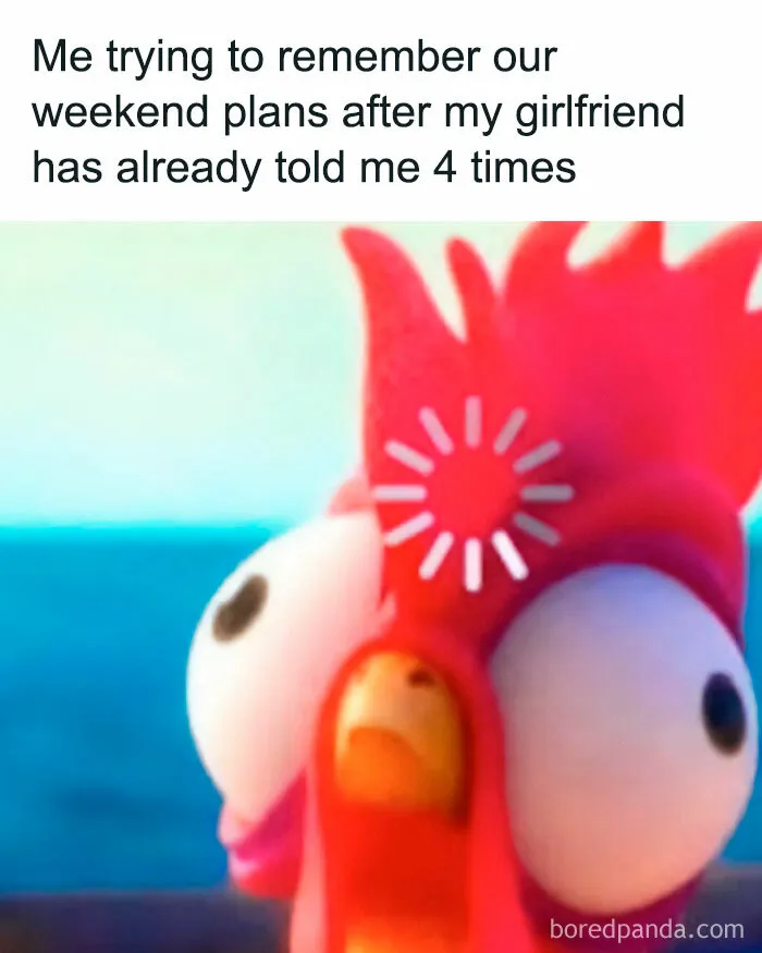 Funny couple meme showing a confused chicken trying to remember weekend plans