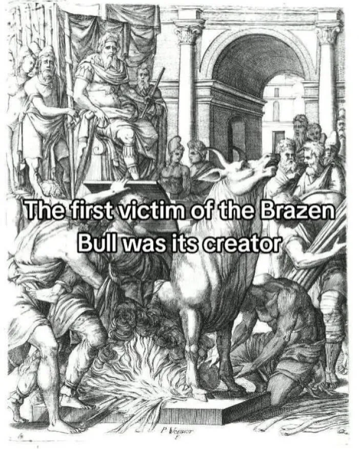 Historical drawing depicting the creator as the first victim of the Brazen Bull torture device