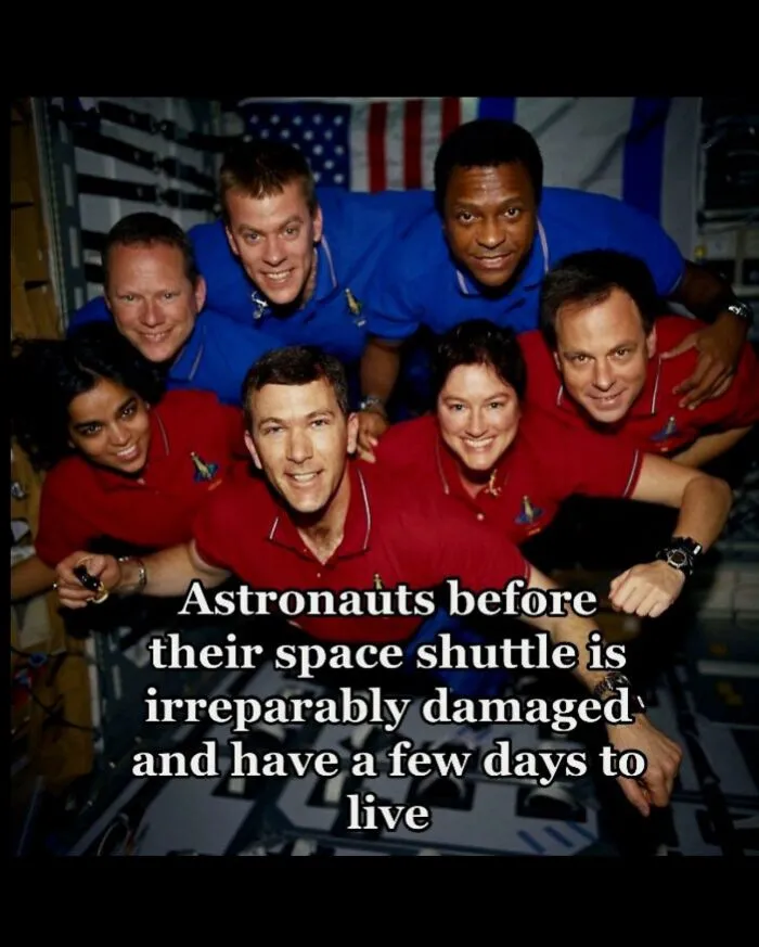 Astronauts pose before space shuttle damaged beyond repair, facing death, terrifying history facts