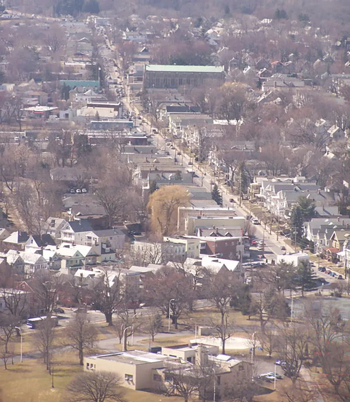 An aerial view of a sprawling city with numerous houses and bare trees, illustrating US states glorified in movies.