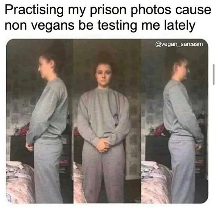 A person in three poses, like mugshots, wearing a grey sweatsuit. The meme caption discusses Funny Memes for Vegans.