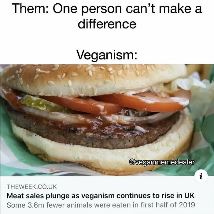 Funny memes for vegans: A plant-based burger with a headline about meat sales plunging as veganism rises.