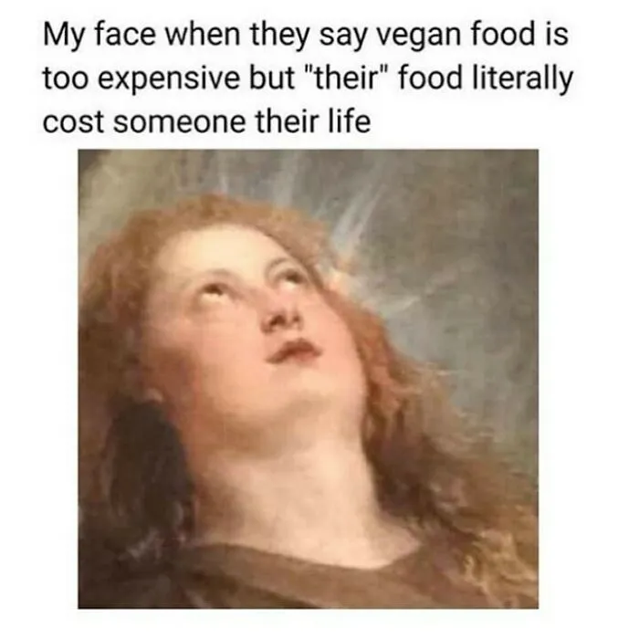 A classical painting of a person rolling their eyes, illustrating a funny meme for vegans about expensive food.
