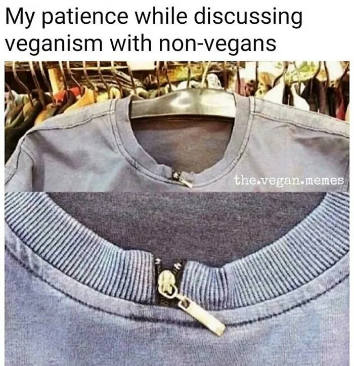 A meme for vegans shows a broken zipper on a shirt, symbolizing patience. Funny memes for vegans.