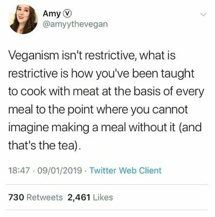 A vegan meme from Amy @amyythevegan explaining how veganism isn't restrictive. Funny memes for vegans.