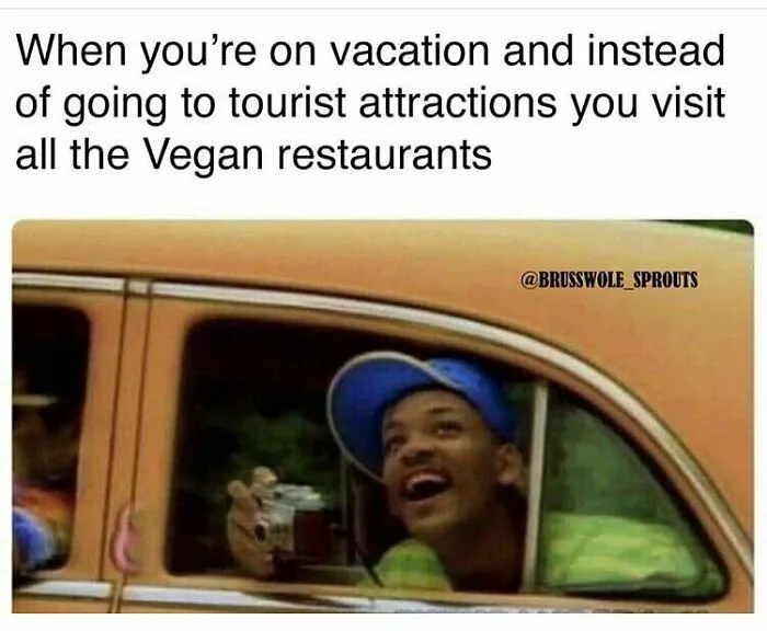 Will Smith meme in a car. Text: "When you're on vacation and instead of going to tourist attractions you visit all the Vegan restaurants." Funny memes for vegans.
