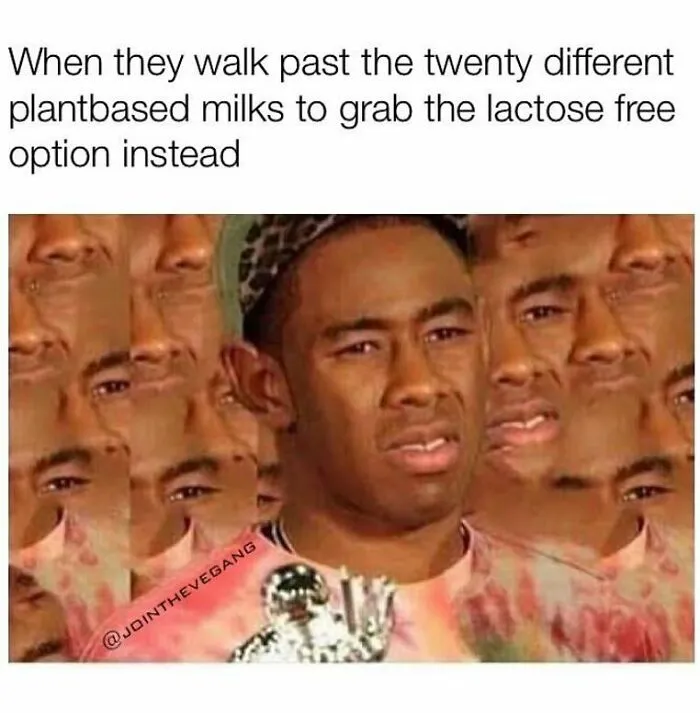 Tyler, The Creator, making a confused face, repeated across the image, illustrates a funny meme for vegans.