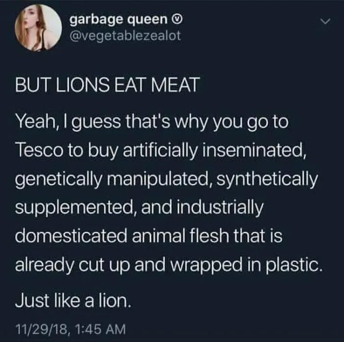 A witty vegan meme on Twitter, challenging the "lions eat meat" argument with satire, funny memes for vegans.