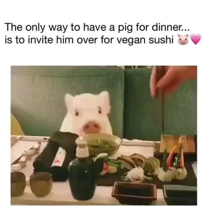 A funny meme for vegans shows a piglet at a table with vegan sushi, with the text The only way to have a pig for dinner is to invite him over for vegan sushi.