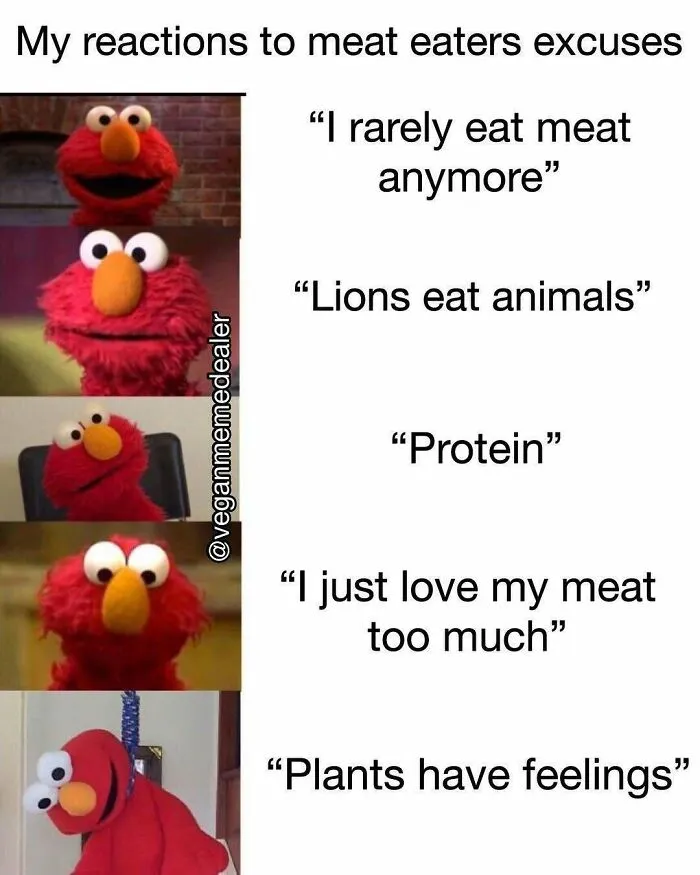 Funny memes for vegans feature Elmo reacting to meat-eater excuses like "Lions eat animals" with increasing exasperation.