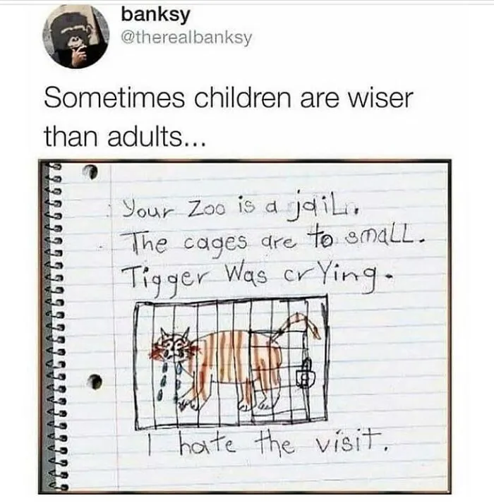 A child's drawing shows a crying tiger in a small cage, with text saying animals belong in the wild. Funny memes for vegans.