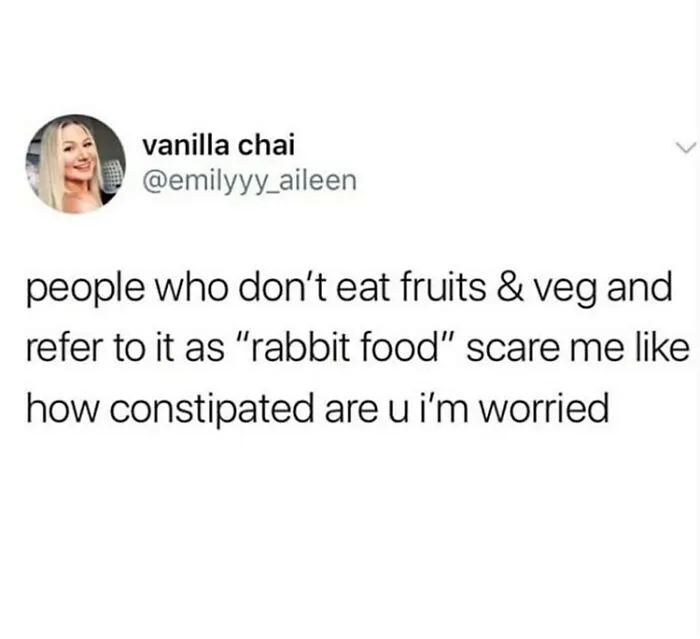 A tweet from @emilyyy_aileen (vanilla chai) expressing concern for non-vegans who call fruits & veg "rabbit food." Funny memes for vegans.