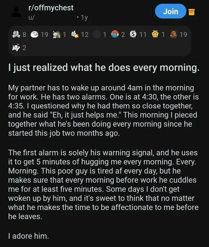A Reddit post about a partner waking up early to cuddle, making their day. A positive post for someone feeling down.