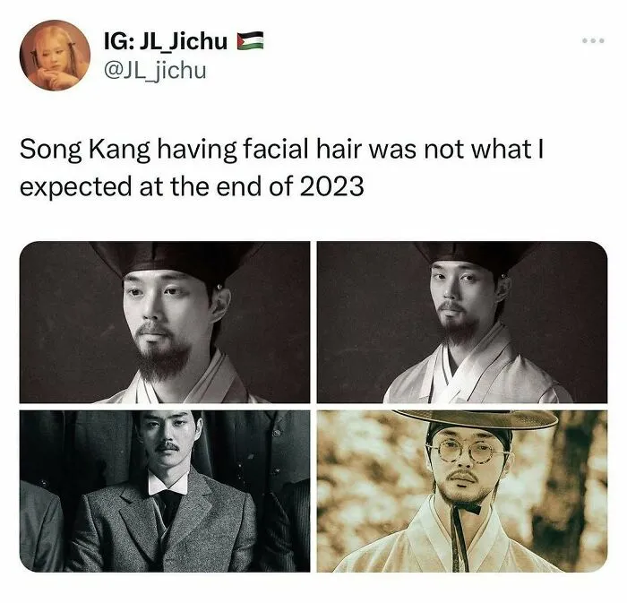 Song Kang sporting unexpected facial hair in K-Pop themed memes