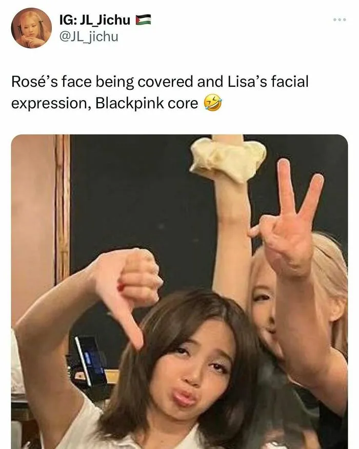 Blackpink meme showing Rosé's covered face and Lisa's expression