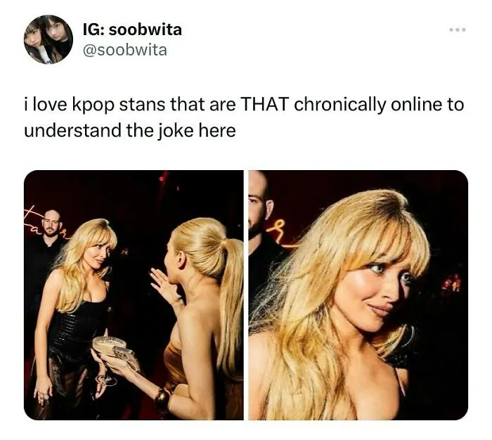 Two women talking closely in a meme about K-pop fandom online humor