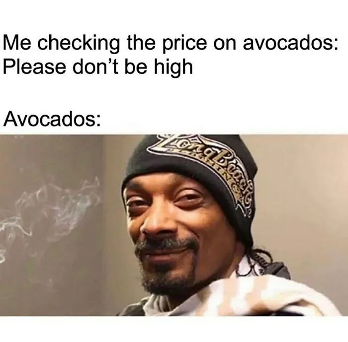 Funny memes for vegans. Snoop Dogg meme for avocado prices. Text reads: Me checking the price on avocados: Please don't be high. Avocados: [Snoop Dogg smiling].