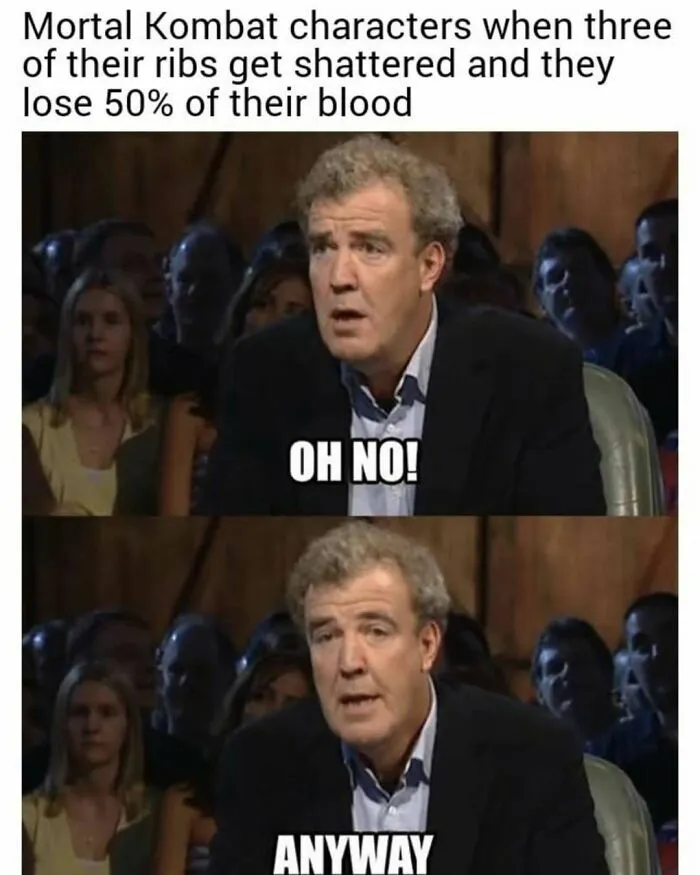 Mortal Kombat characters losing ribs and blood meme with shocked man