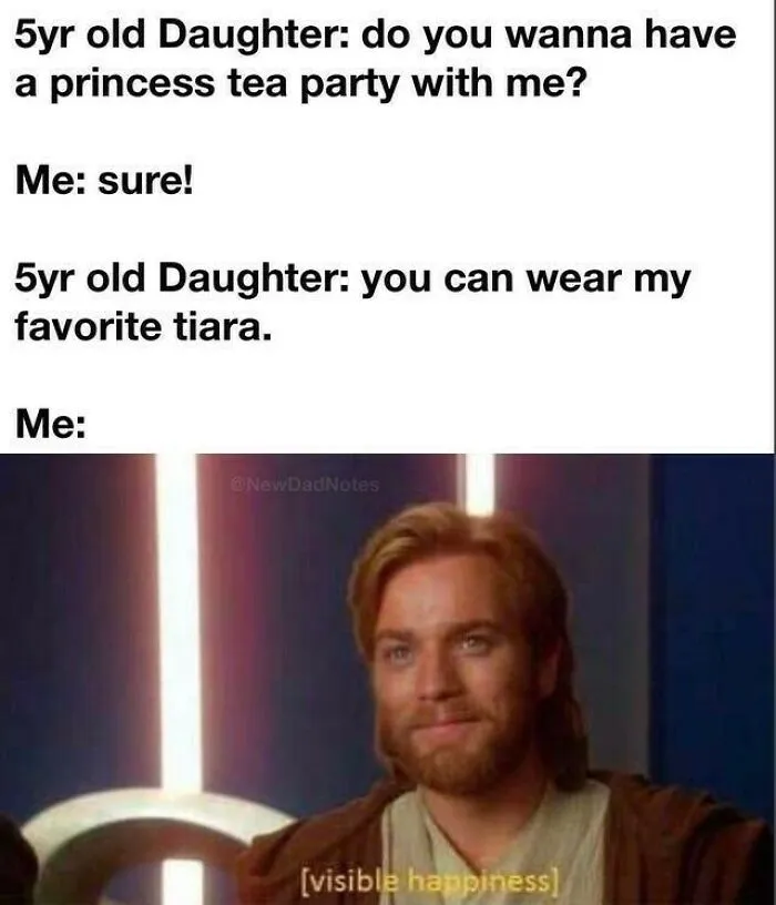 A meme with text about a daughter asking for a tea party, and Ewan McGregor smiling, labeled "visible happiness." Positive posts to make your day.