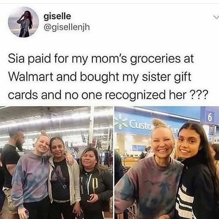 Viral Walmart meme with Sia unrecognized while buying groceries in funny memes