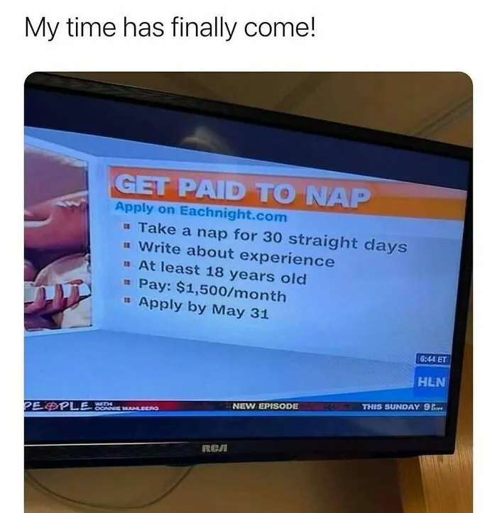 TV screenshot showing a job ad to get paid to nap with details